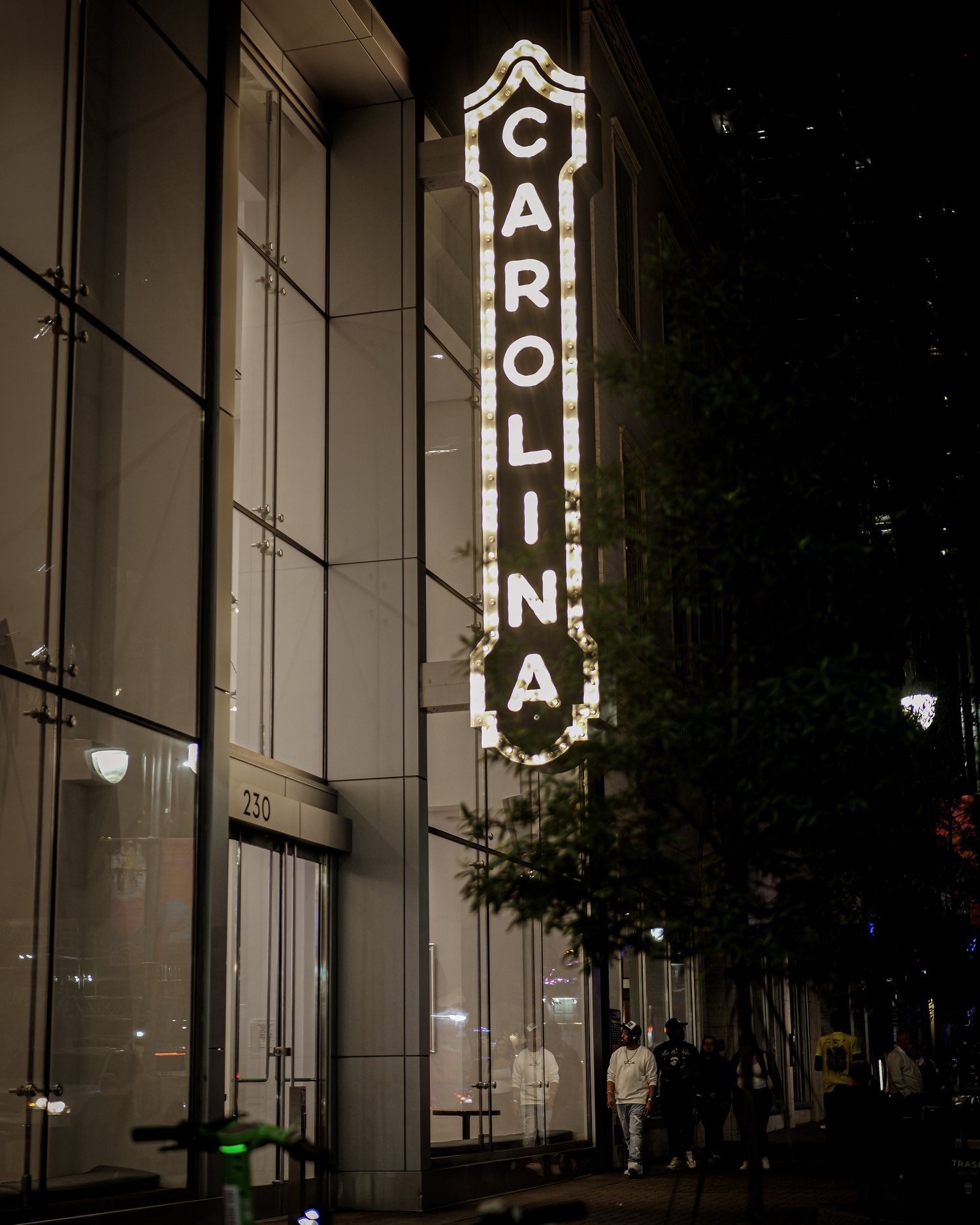 The Carolina Theatre marquee lit at night